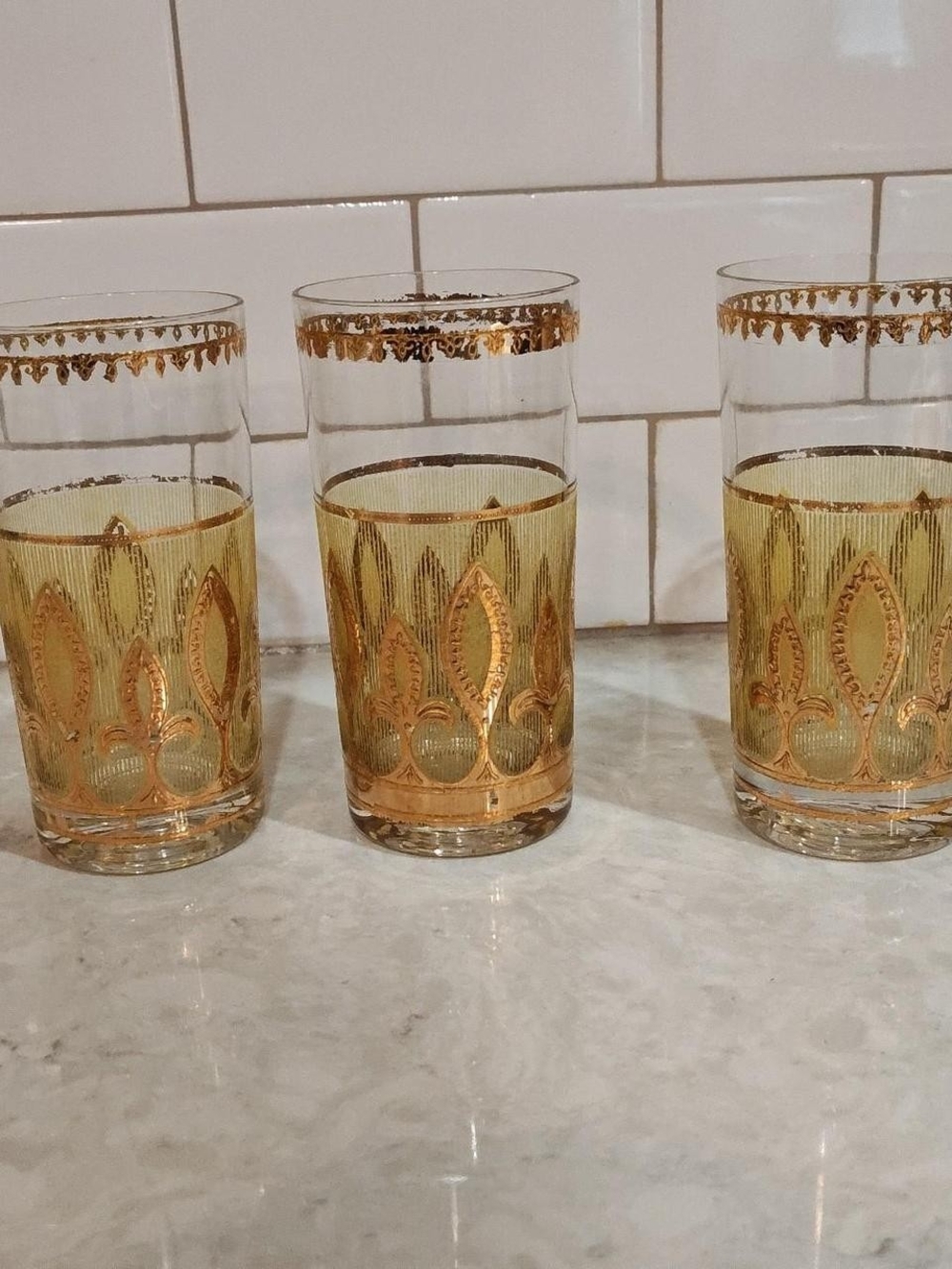 Culver Fleur De Lis Tumblers / Highball Glasses 22K Gold Vintage 12 oz SET OF 3